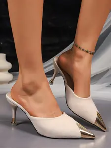 Women's 2026 Hot Trending Metal Cap Detail Suede Mule Pumps, Pointed Toe Stiletto Heel Shoes, Elegant All-match Footwear for Party, Office & Evening Occasions, Fashion Dress Heels, Stiletto Mules, Slide Sandals for Women & Girls