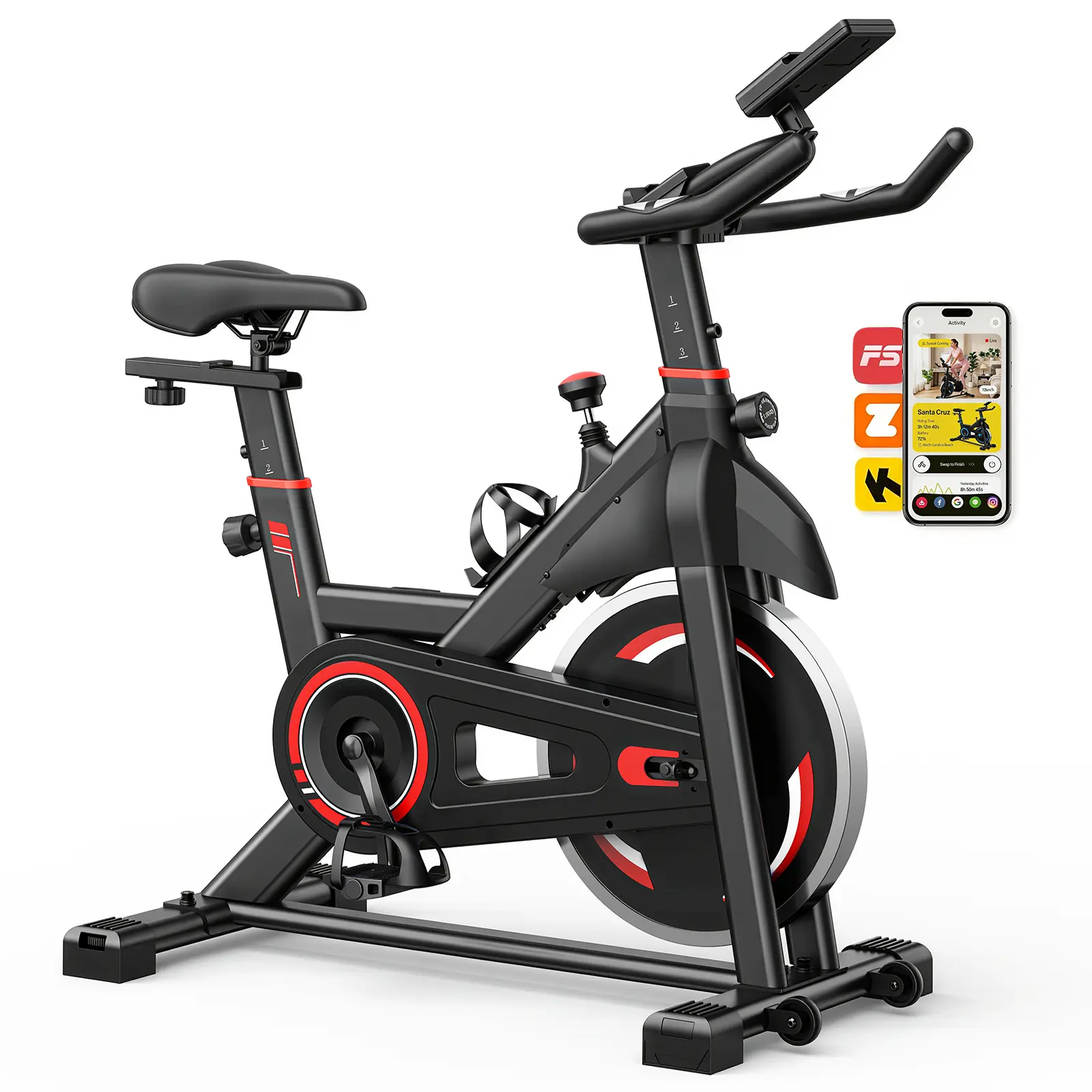 Exercise Bike with APP Control, Brake Pad Stationary Bikes with Quiet Magnetic Resistance, Indoor Cycling Spin Workout Bike with 300.0 lbs Weight Capacity for Living Room, Home, Gym