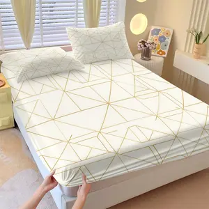 3pcs White Gold Geometric Print Fitted Sheet Set, Minimalist Elegant Bedroom Decor, Soft Breathable Fabric, Deep Pocket Fit, All-Season Use, Perfect Gift, Bedsheet Sets