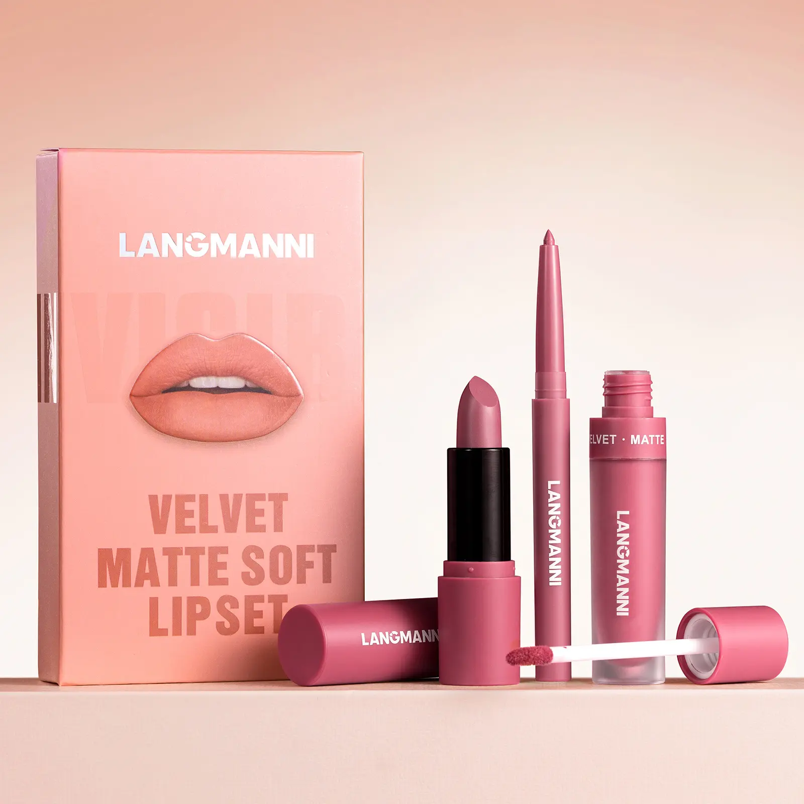 LANGMANNI All-In-One Lip Kit | 3Pcs Matte Lipstick Lip Liner Liquid Lipstick Set | Natural Nude Shades Daily Makeup Gloss Gloss Glossy Gentle Lip Care Cosmetic