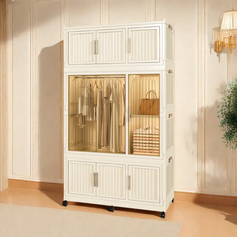 Collapsible Plastic Portable Wardrobe Closet Organizer - Furniture with Modern Interior Design, Collapsible Structure, Magnetic Doors, Wheels, 8 Cubes, 1 Hanging Rod, 6 Hangers (for Kids & Babies)