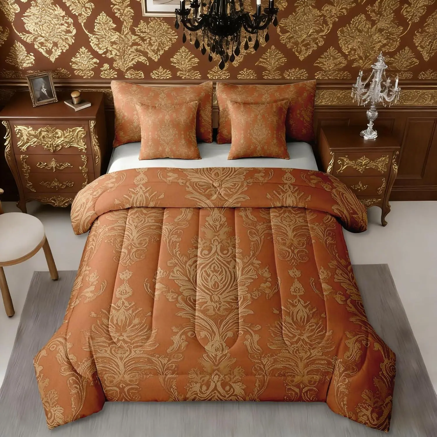 Exotic Damask 7 Piece Comforter Bed Set,Bed Bag,Vintage Victorian Bedding Set,Adults and Teens Brownish Red Antique Floral Baroque Comforter,Bohemian Bed Set