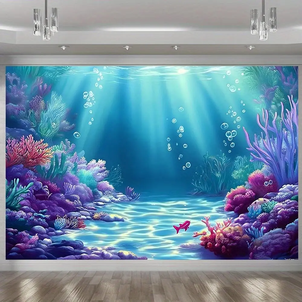 1pc Glam Durable 2D Flat Ocean Scene Banner - Polyester Wall Backdrop with Soft Texture, Coral Reefs, Fish, Bubble Accents, White Ornaments, Machine Washable Indoor Photo Prop for Home Wall Decor, Flat Banner, Print