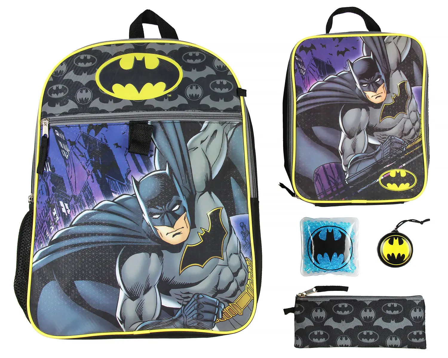 Batman 16" Polyester Cartoon Character Graphic Backpack, 5-PC Classic Comic Art Combo Set with Zipper for Travel