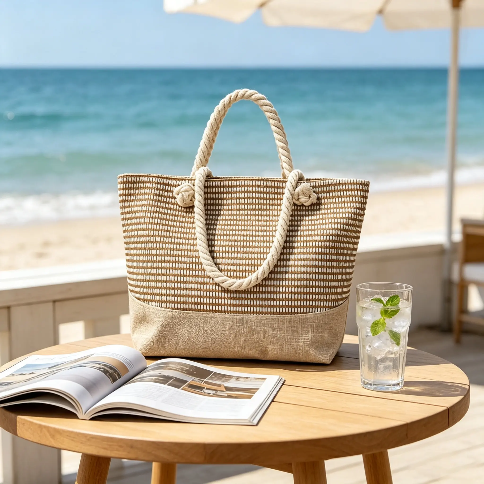 Women's Brown and White Striped Large-Capacity Beach Tote Bag, Convenient for Travel (Sports & Outdoor Gym Shoulder Accessory)