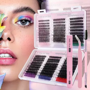 571pcs DIY eyelash bundle kit - color blend, D-roll adhesive and sealed independent eyelashes, brush and tweezers - beginner friendly, reusable, length 9-16mm, Eyelash Set