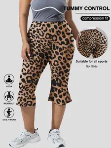Women's Plus Size Summer High Waist Leopard Print Seven-Quarter Bell Pants, Elastic Waist Design, Casual Outdoor Yoga Fitness Pants, Compression Fit Leggings, High Stretch Bottoms, Yoga Wear