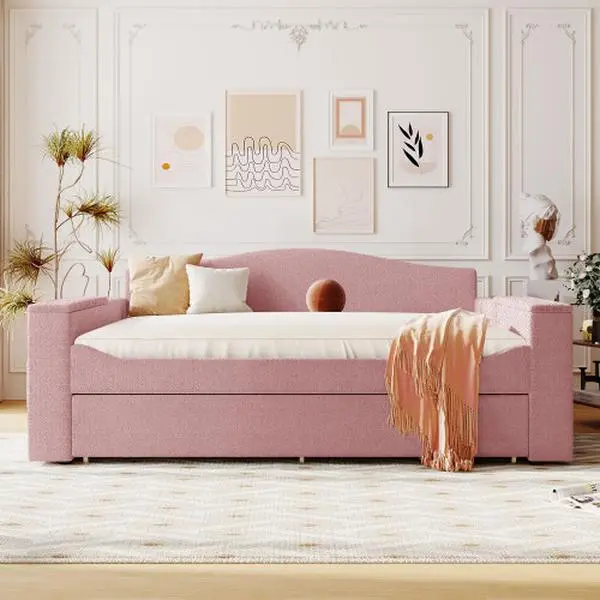 [Bellemave]Size Upholstered Daybed with Storage Armrests, Trundle and Latest Integrated Bluetooth Audio System, Teddy Fleece, Gray