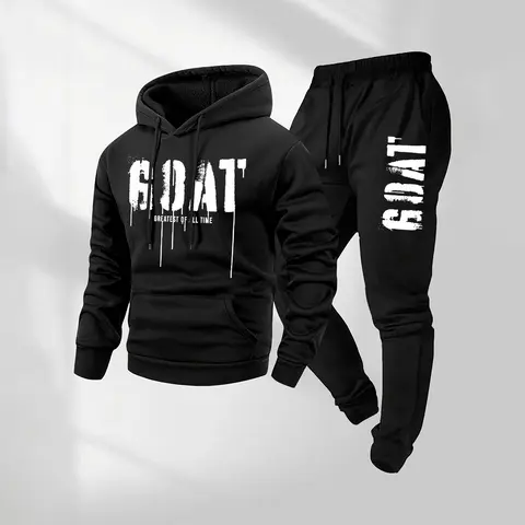Men's Goat Patterned Hoodie And Drawstring Track Pants Set, Men's Casual Athletic Long-Sleeved Hooded Jacket And Pants, Suitable For Fall And Winter, Street Style Hoodie Set, Indoor And Outdoor Sportswear,