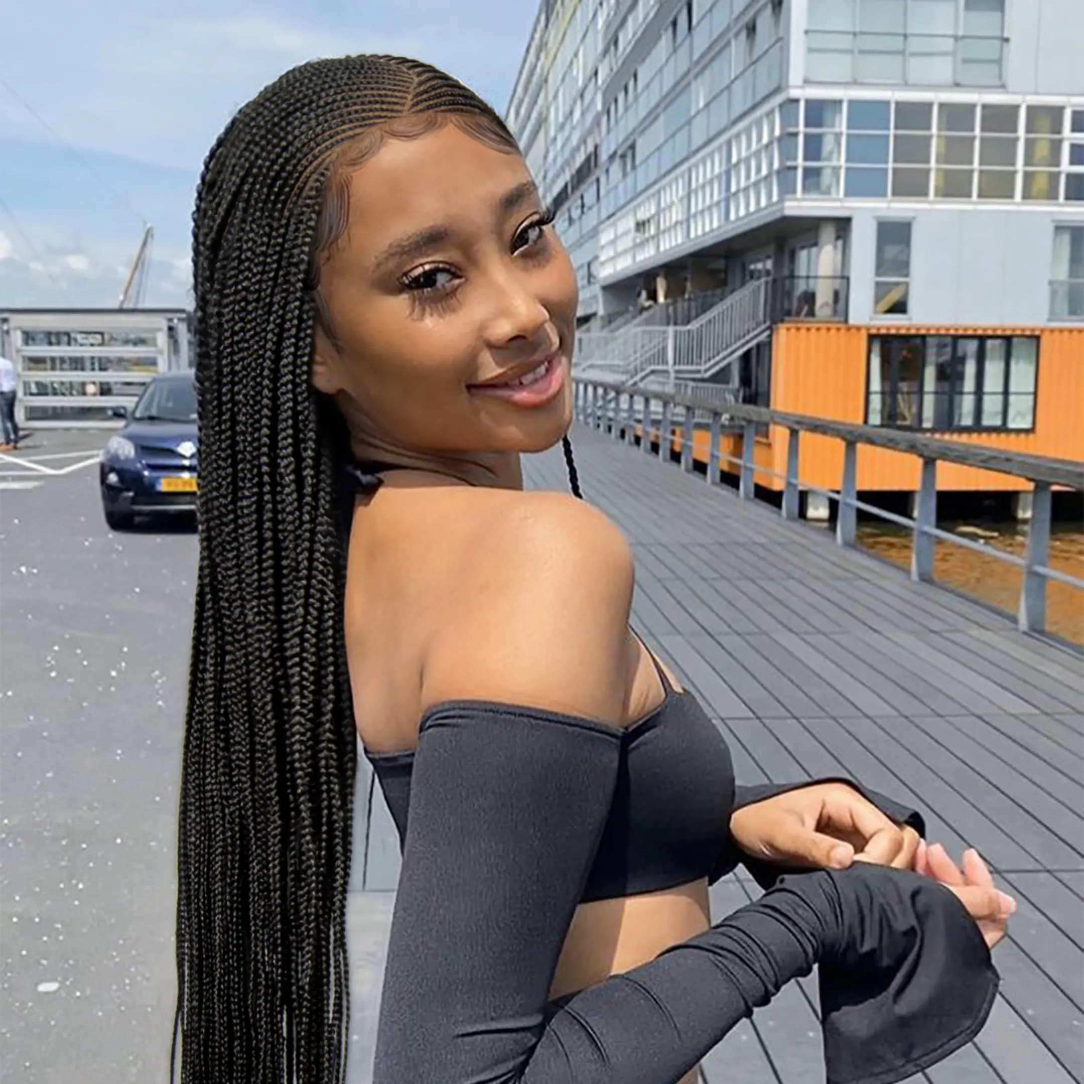 Box Braided Wig For Black Women Side Parting with Baby Hair Synthetic Full Lace Braid Wigs Glueless Micro Cornrow Full Hand Twist Braids Wig 32 Inch