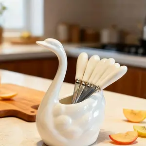 Creative Swan-Shaped Fruit Forks 6-Piece Set, Special Tableware for Desserts & Fruits, Simple Storage Kitchen Gadget