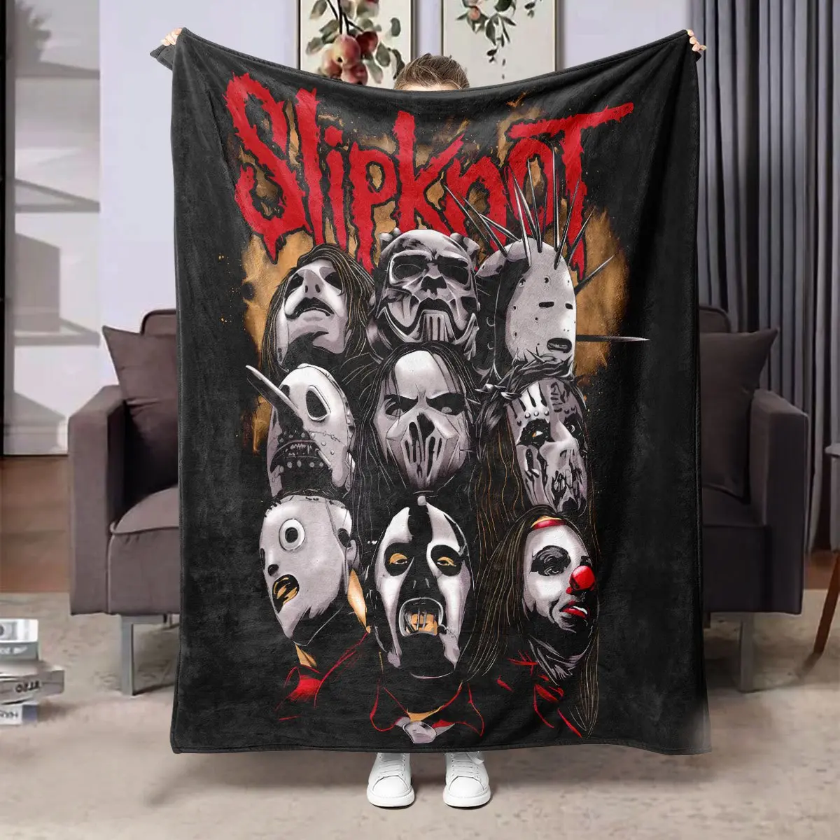 Slipknot Band Member Themed Flannel Throw Blanket - Fluffy, Wrinkle-Resistant, Durable Retro Fleece Textile, All-Season Bedding for Bed, Sofa Use