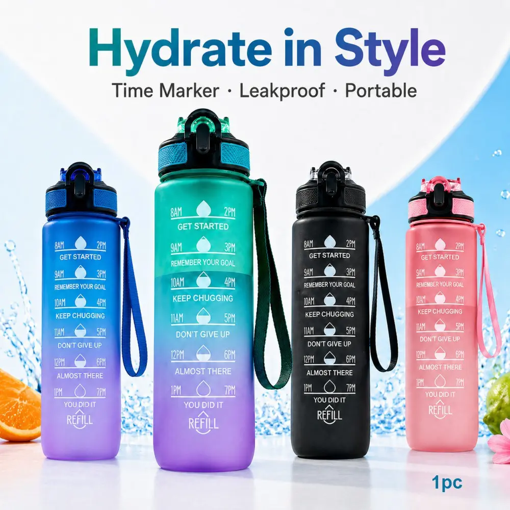 1000ml Sport Hydration Bottle with Time Marker, Flip Lid & Straw, Spill Proof Drink Cup Portable Gradient Plastic Sports Water Bottle, Drink Bottles for Women Men, Gym Yoga Hiking Office Travel BPA Free