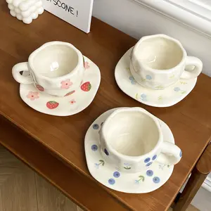Set of Cute Irregular Fruit Ceramic Coffee Cup Saucer, Hand-Painted Afternoon Tea & Latte Cups, Versatile for Home, Office, Parties & Gifts