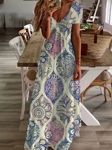 Women's Paisley Print Short Sleeve Dress, Casual Ethnic V-Neck Long Dress, Vintage Style Floral Women's Long Dress, Comfortable & Stylish