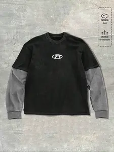 Unisex American Retro Patchwork Long Sleeve T-Shirt, Block, Soft Breathable Loose Fit, Casual Streetwear