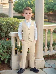 Boys Christmas Gentleman Solid Color Suit Set, Shirt + Vest + Pants + Bow Tie, Elegant Formal for Birthday Party Wedding Anniversary New Year