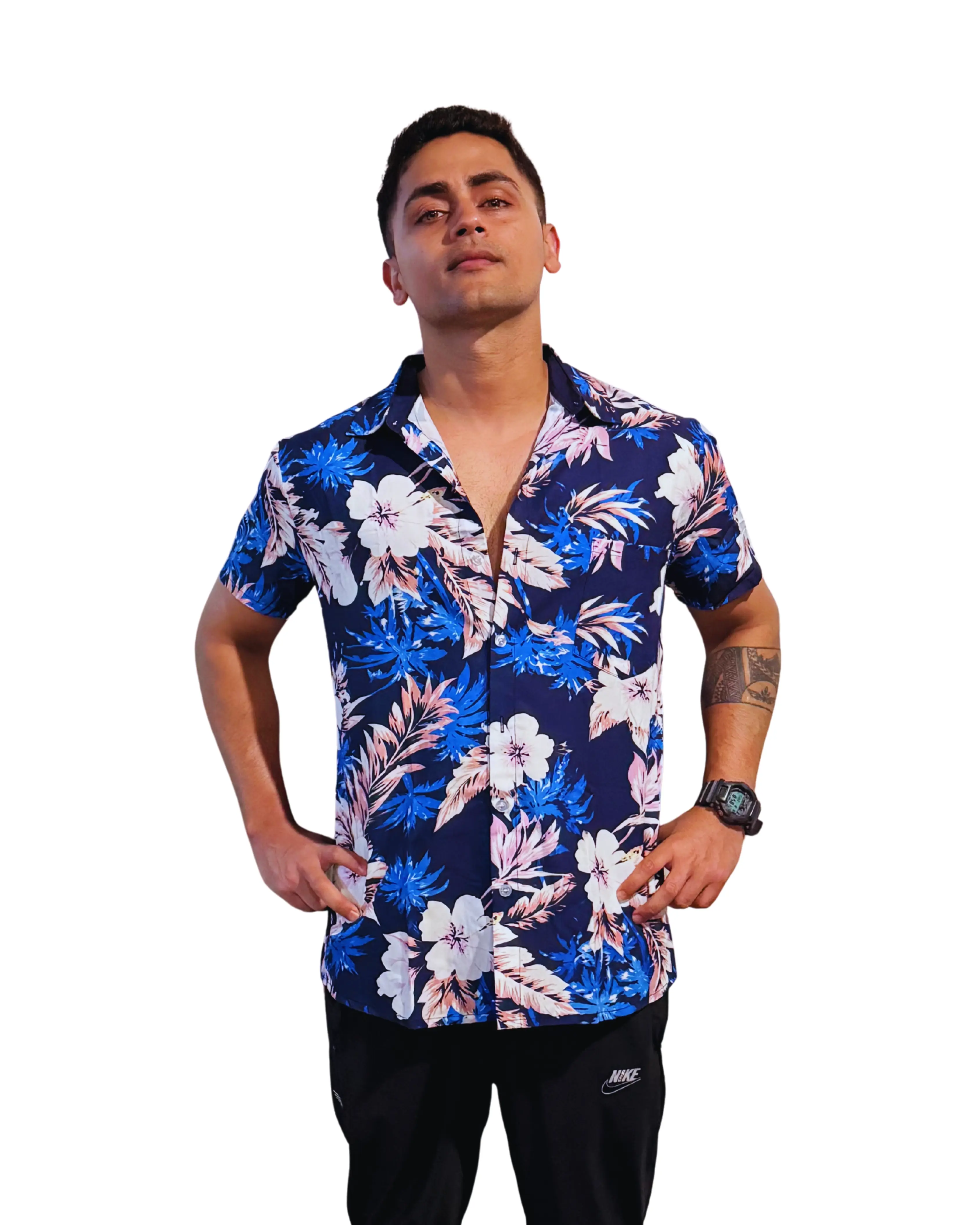 Men's Blue Tropical Floral Short-Sleeve Shirt