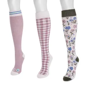 Women's 3-Pack Cotton Spandex Ribbed Knee-High Socks - Compression, Arch Support, Plaid Design, Pink Picnic Pack Compatible, Snug Leg Fit, Ebony Stars, Everyday Wear