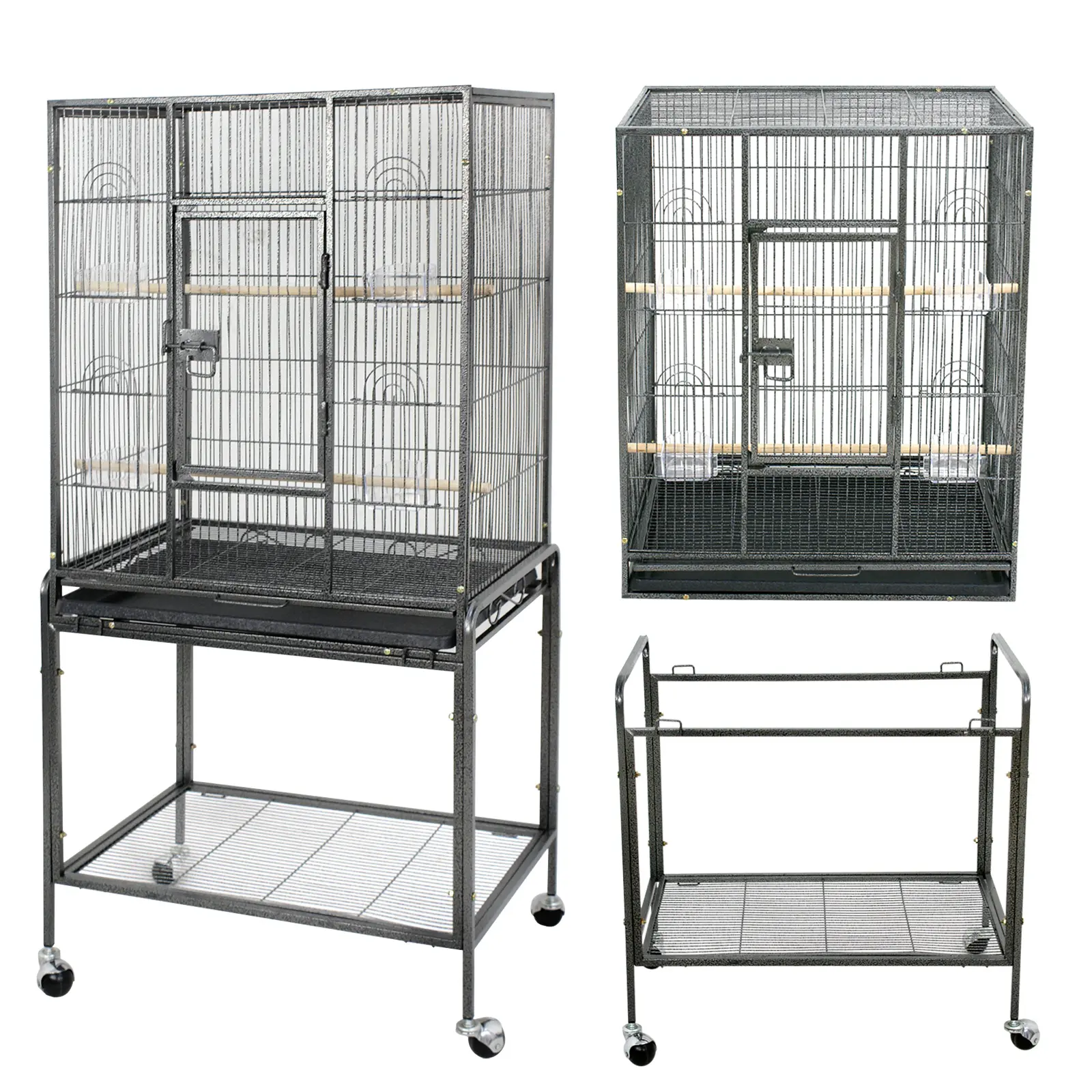 SuperDeal 53" Large Wrought Iron Portable Birdcage for Parakeets & Lovebirds, Black Metal Cage with Rolling Stand, Removable Tray, Wood Roosting Perch (Bird Supplies), Birdcages