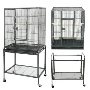 SuperDeal 53" Rolling Bird Cage Large Wrought Iron Cage Lovebird House with Rolling Stand, Black