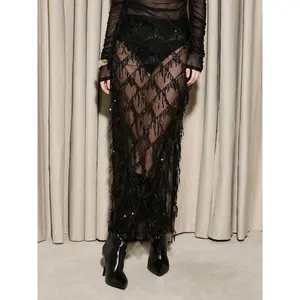 Fashionable and sexy semi transparent mesh tassel sequin women's split skirt, high waisted and fitted design, suitable for all seasonsRAIMENTRY