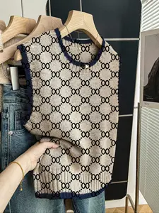 Women's Casual Loose-Fitting Round Neck Sleeveless Knit Top, Colorblock Deep Blue Edging Grid Print, Fall Winter Fashion