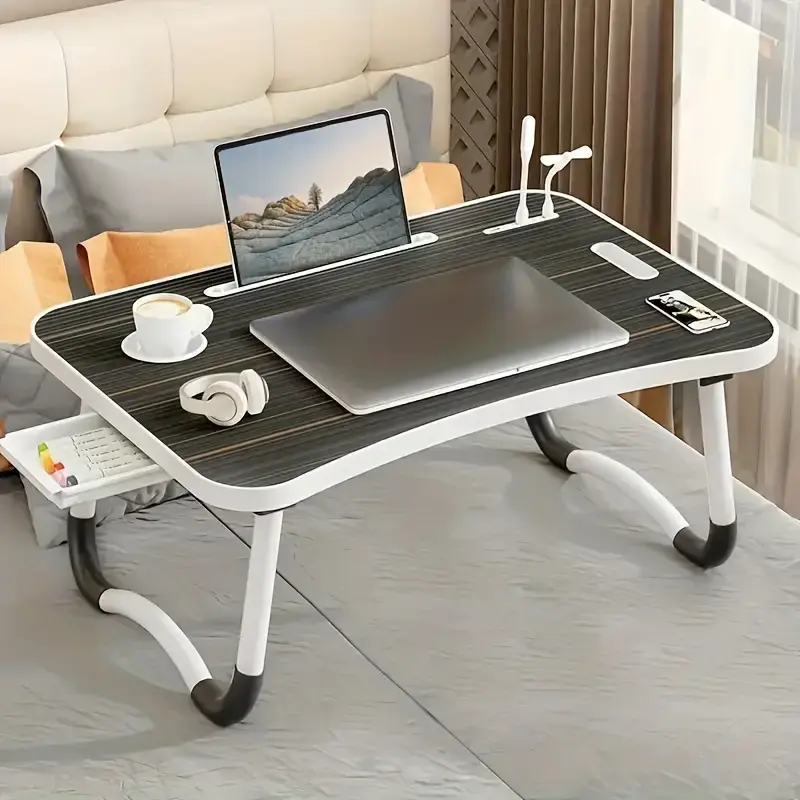 [cozy]Extra Large Portable Laptop Bed Desk Folding Table, Computer Stand with Cup Holder and Drawer - Multi-Functional Tray with USB Fan and Light for RVs, Perfect for Dining on Sofa or Floor, Reading and Writing - Stable, Durable, Foldable
