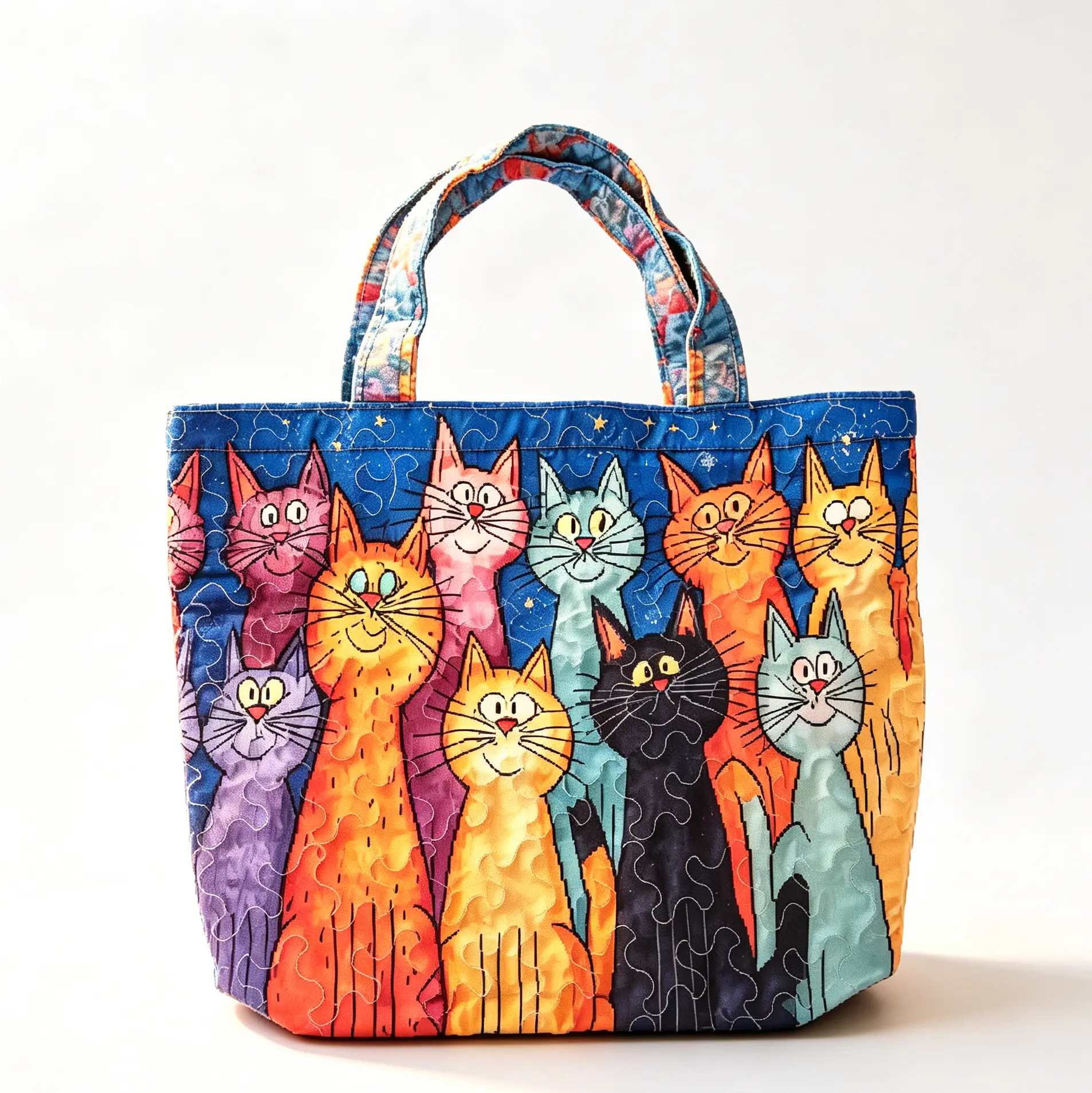 Bohemian Oversized Quilted Tote Bag - Starry Night Bright Colorful Cat Print, Casual Open Top Lightweight Reusable Home Organizer Shoulder Bag, Ideal Gift for Cat Lovers, Bohemian Storage Bags