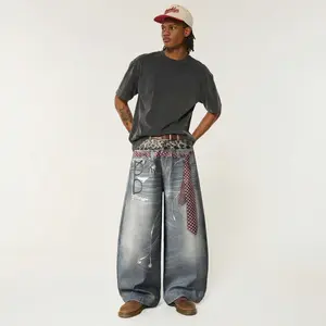 Faux Two-Piece Patchwork 3D Printed Jeans, Loose Wide-Leg High Street Vintage Washed Designer Pants