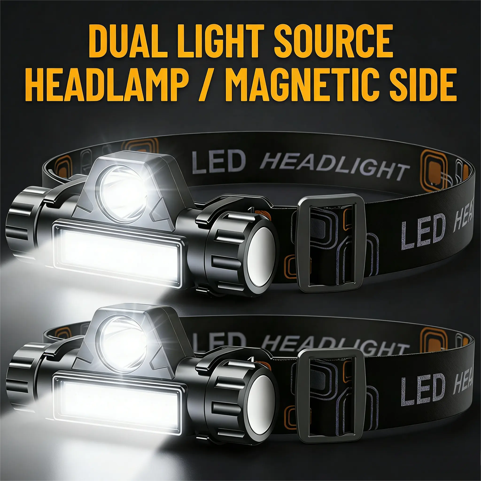 2-Pack USB Rechargeable Headlamps, Multifunctional Flashlight with COB Floodlight & XPE Spotlight, 90° Adjustable, IPX5 Waterproof Magnetic Base, and Nylon Elastic Band for Camping, Running & Car Repair, High Performance Flashlight