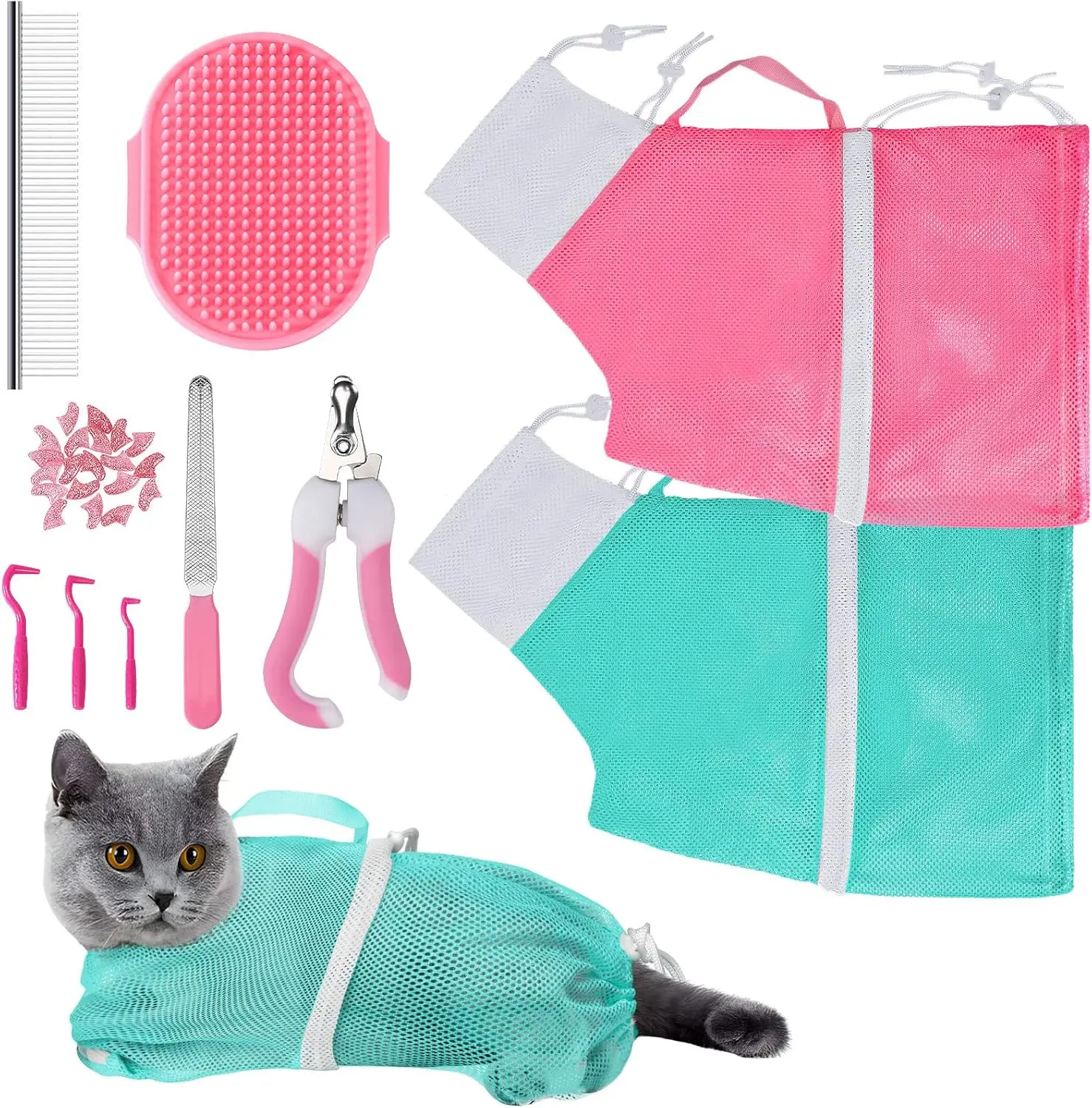 10PCS Cat Grooming Kit, Cat Washing Bag Adjustable Shower Net, Nail Clipper File, Grooming Brush Comb, Tick Tool, Nail Caps for Bathing & Trimming (Pink Green)