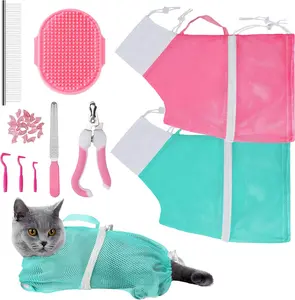 10PCS Cat Grooming Kit, Cat Washing Bag Adjustable Shower Net, Nail Clipper File, Grooming Brush Comb, Tick Tool, Nail Caps for Bathing & Trimming (Pink Green)