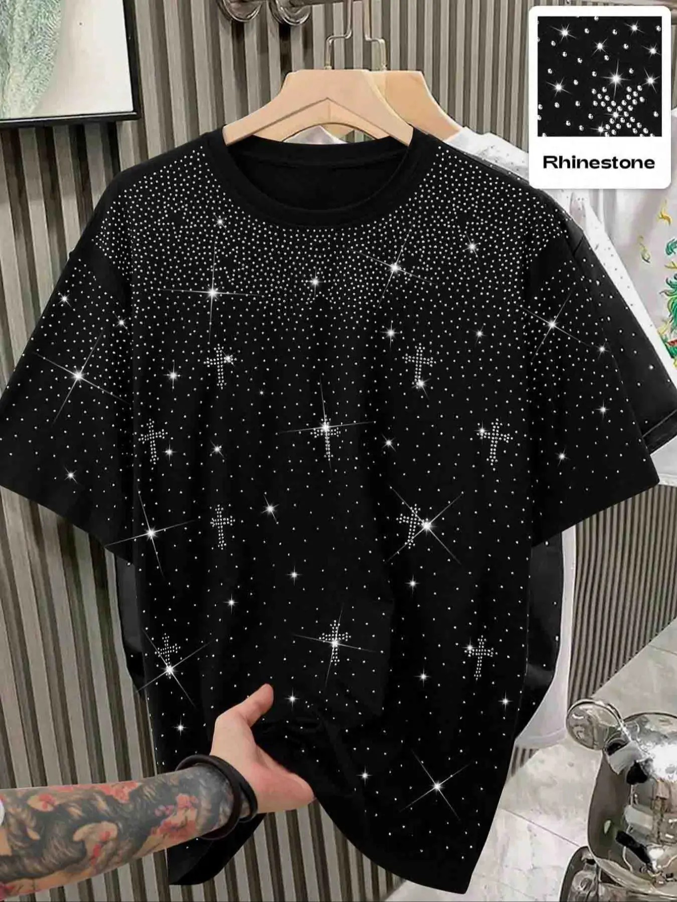 Men's short-sleeved shirt, black, Top, adorned with rhinestones, loose and square cut, mature urban casual streetwear style, suitable for work and everyday wear, also a perfect gift for boyfriend/husband, couple's set, Menswear