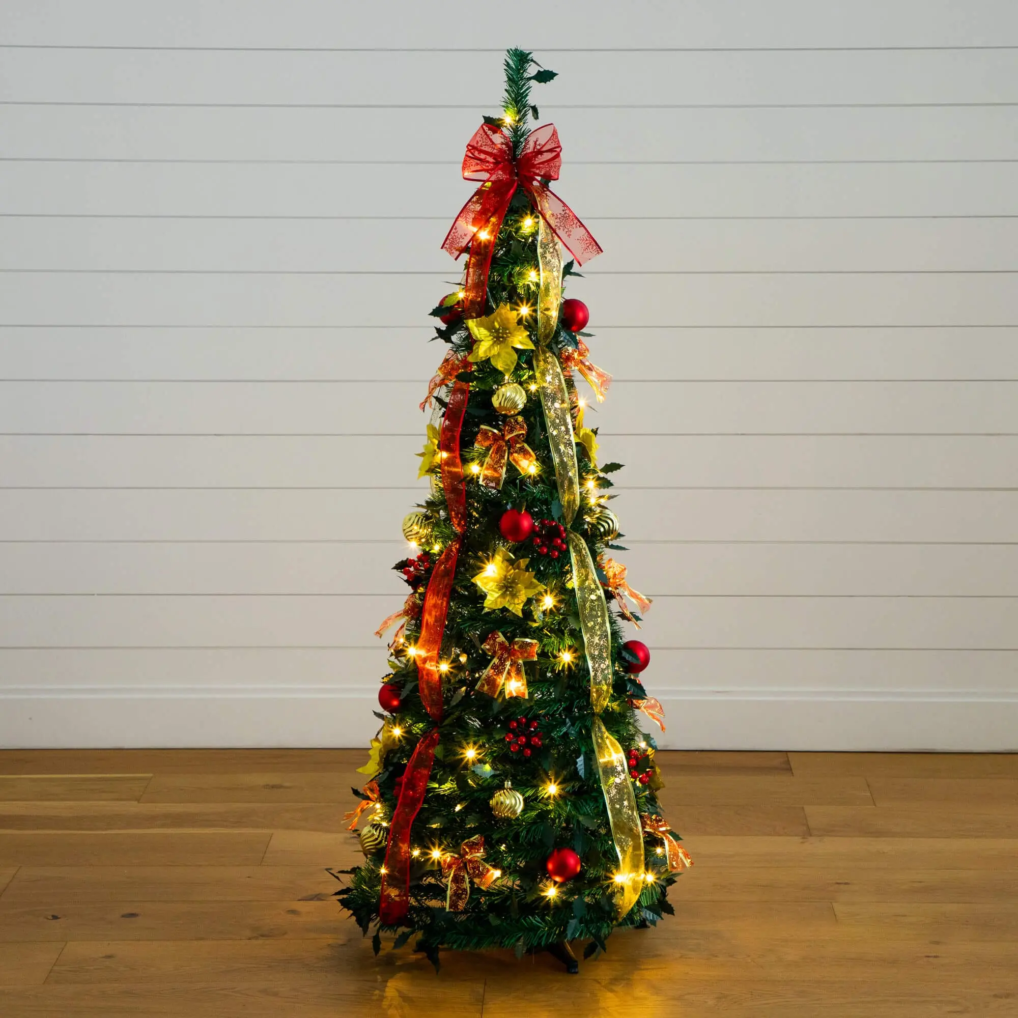 5' Pre-Lit Pre-Assembled Pop-Up Artificial Christmas Tree - Full Shape Evergreen Look Holiday Decoration, Easy Install Home Festive Decor with 100 Warm White LED Mood Lighting, Red & Gold Ornaments, Ribbons for Room Christmas Decorations