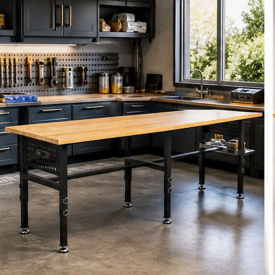 ARCH 96-Inch Adjustable Height Workbench with Side Pegboard, Solid Wood Top, 2000 lbs Capacity, Heavy-Duty Steel Frame, Built-in Power Outlet, Storage Box, Wheels or Leveling Feet, Black Metal & Wood Garage Workshop Table, Black Color Options