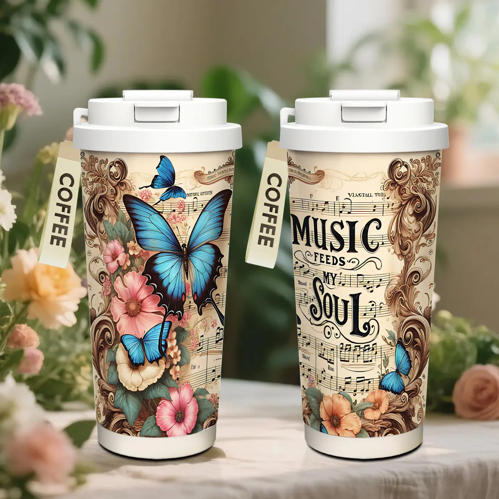 18-ounce "Music Nourishes My Soul" stainless steel insulated cup, with lid and straw, keeps drinks cold or hot. Vacuum cup, coffee cup, an excellent gift for women, music lovers, mothers, friends, and colleagues. Perfect for holidays. Suitable for both ca
