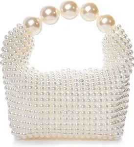 Women's Pearl Beaded Clutch Handbag with Handle Evening Party Bag Suitable for Weddings and Parties Organiser Elegant Retro Style Square Three-Dimensional Weaving - Pouch, Light