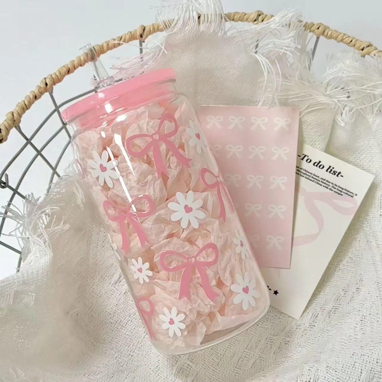 1 Pink Bow Daisy High Beauty Girl Portable Floral Tumbler Water Cup Coffee Cup Straw Cup Bottle Drinkware