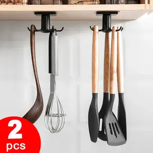 2pcs 360 Degree Rotating Multifunctional Hook, Self-Adhesive Under Cabinet Kitchen Hooks, Non-Punching Utility Hooks