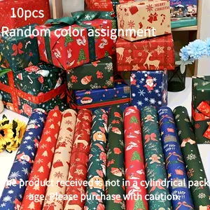Set of 10 Rolls Christmas Wrapping Paper, Cartoon Theme Reusable Wall Stickers, Gift Packaging, Holiday Decorations, Durable Paper Material, Gift Box Packaging