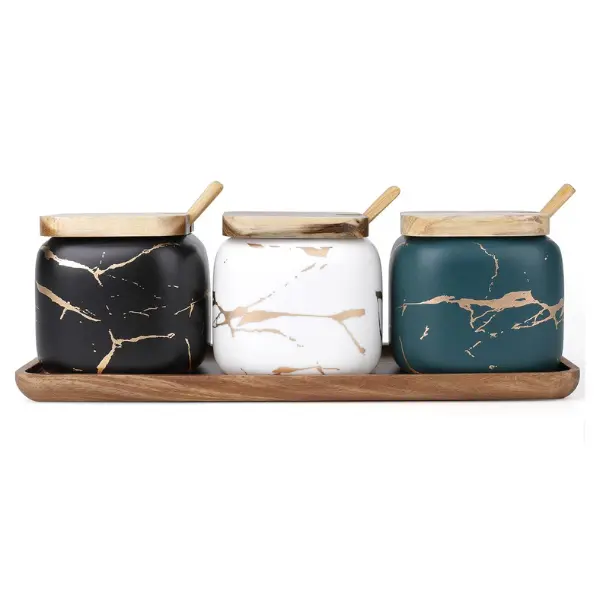 3 Pack Ceramic Salt Sugar Container Condiment Jars with Lid, Spoon, Wooden Tray Marble Seasoning Spice Bowl