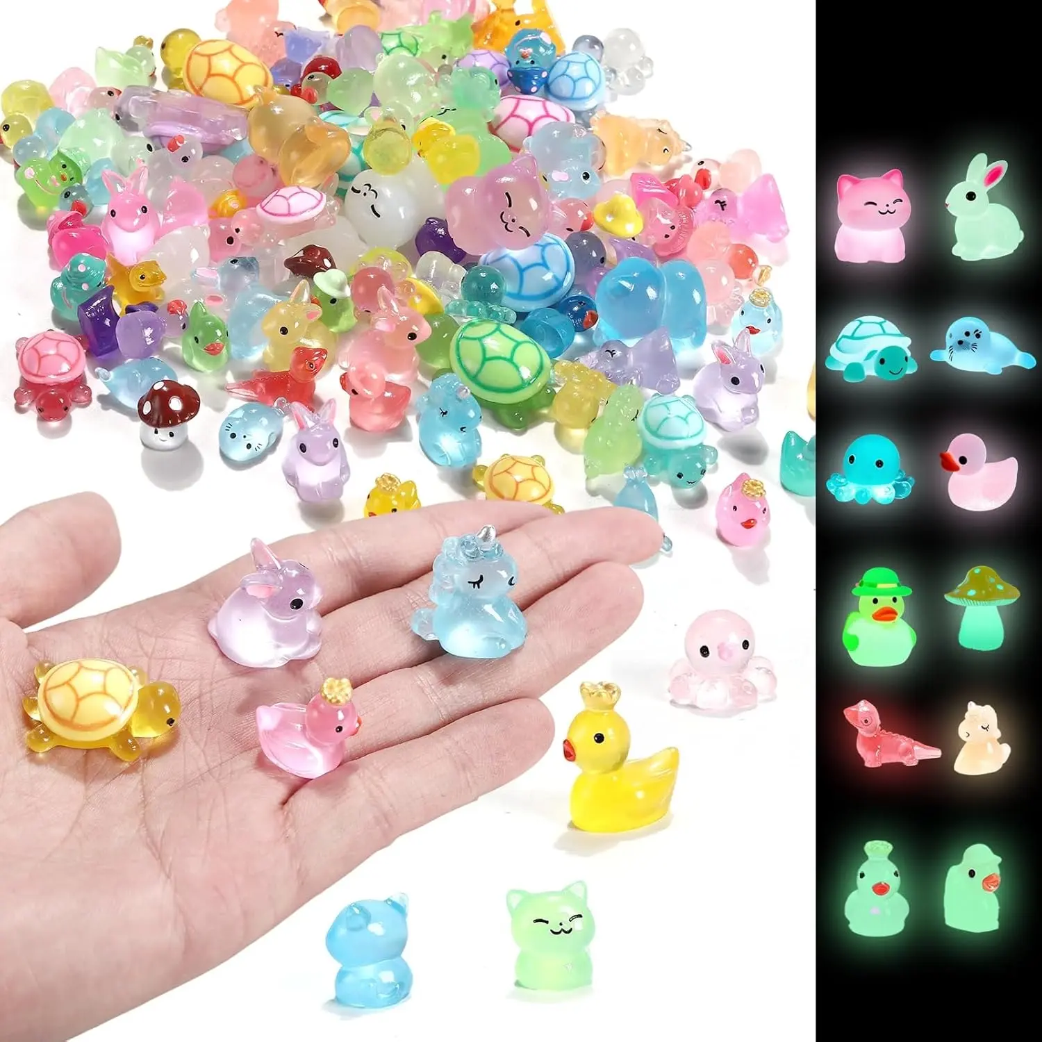 120pcs Glow-In-The-Dark Mini Resin Animal Figurines Set, Hidden Small Resin Animals Statues for Dark Light, Duck Turtle Dinosaur DIY Garden Decor Accessories, Outdoor, Garden Sculptures Statues, Light Up Statue, Outdoor Garden Accessory