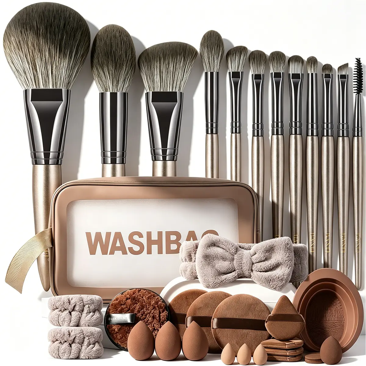 34Pcs Champagne Milk Tone All-In-1 Makeup Kit - Soft Synthetic Face & Eye Brushes, Spoolie, Clear Cosmetic Wash Bag, Beauty Sponges, Powder Puffs, Plush Hair Accessories, Silicone Cleaner Mat for Beginners' Daily Travel Use,sohochic
