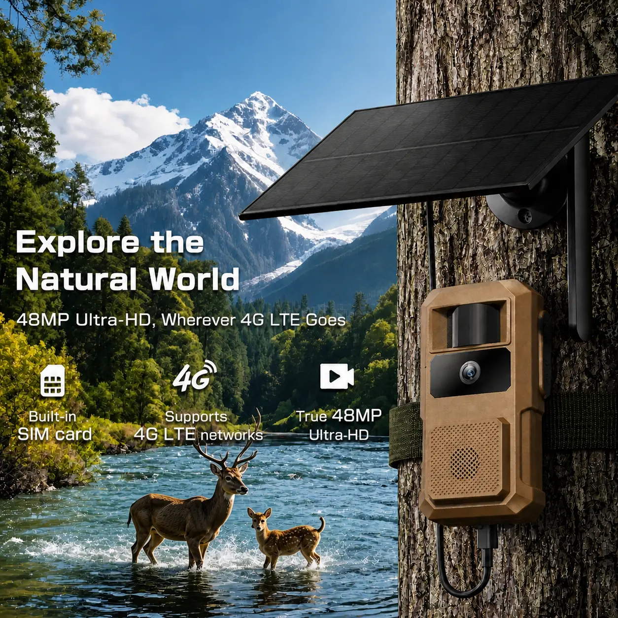 Solar 4G LTE Trail Camera HC73S 48MP 2K Night Vision 0.1s PIR Trigger IP66 Waterproof 120° Wide Angle For Wildlife Farm Deer Security, Built-In Cellular Card 4G LTE Data Plan Needs Activation