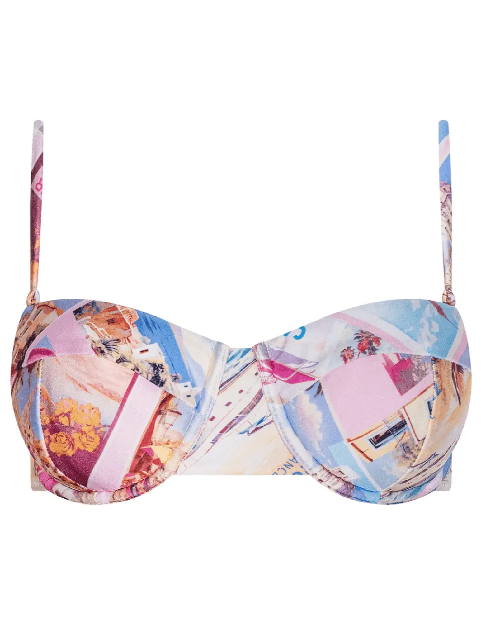 L'AGENCE Alexandria Balconette Bikini Top in Light Pink Multi Postcard Print
