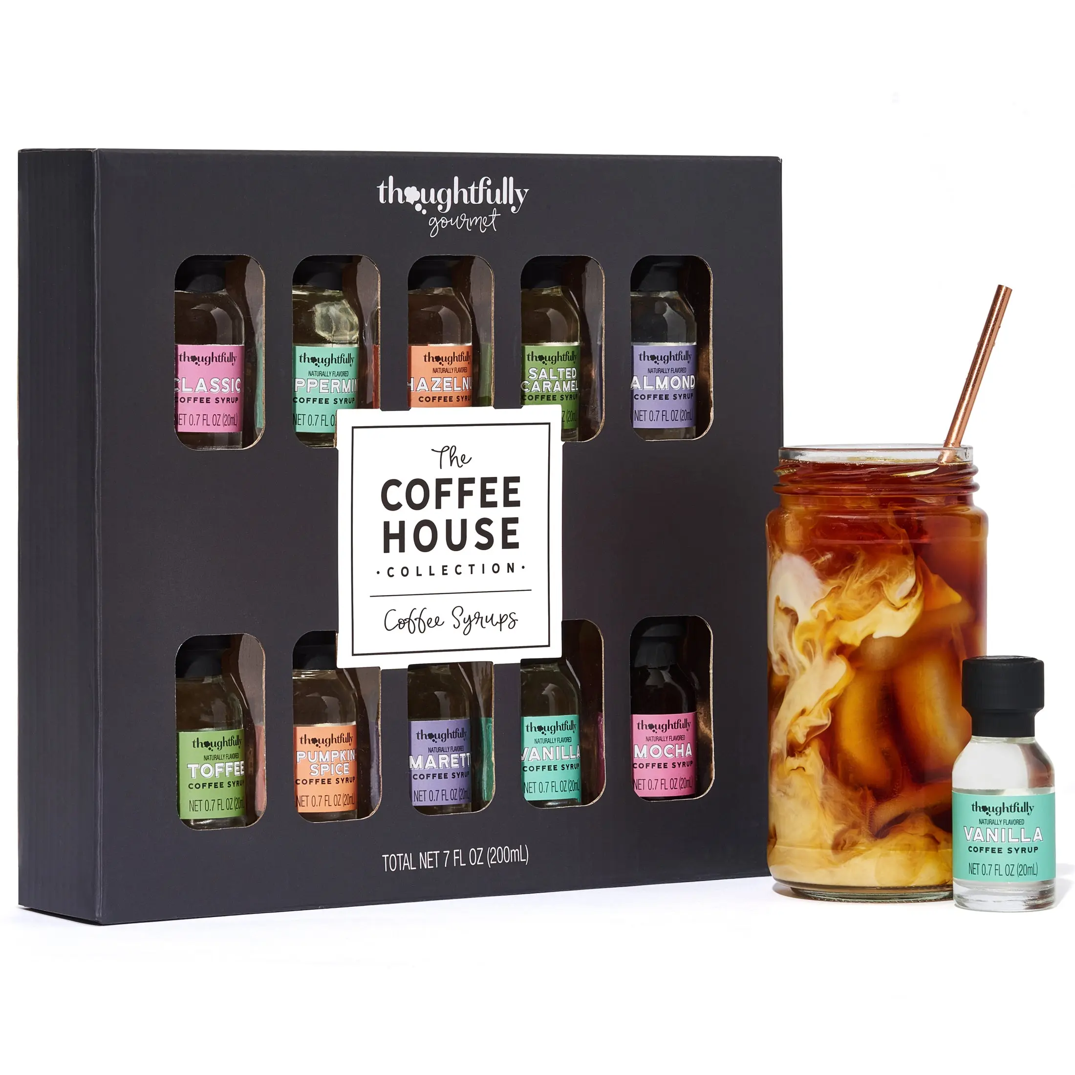 Thoughtfully Coffee Syrup Sampler Gift Set - 10 Flavors Including Salted Caramel Vanilla Mocha Hazelnut Pumpkin Spice & More - Perfect Beverage Enhancer
