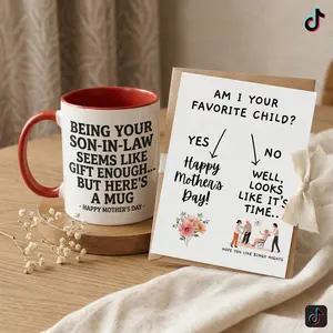 Funny Mother’s Day Combo – Favorite Child Card + Son-In-Law Coffee Mug, Gag Gift Set for Mom