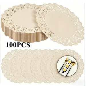 100 Pack Round Kraft Paper Doilies, 13.5 Inch Lace Paper Place Mats, Kitchen Decorative Placemat, Rustic Scallop Disposable Table Pads for Parties