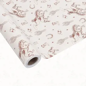 Western Cowboy Wrapping Paper Roll – Brown Gift Wrap with Cowboy Wild Horses, Boots, Hat and Cactus Design, Mini Roll 17 Inch x 32.8 Feet (46.45 sq.ft.), Birthday, Baby Shower, DIY Crafts